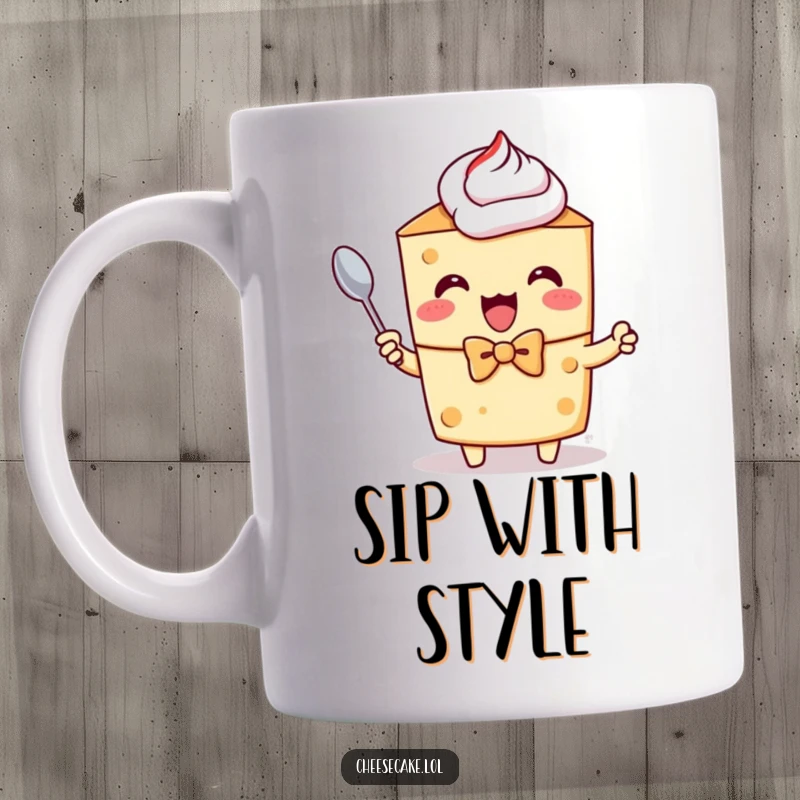 Funny mug showing a cheesecake character in a bow tie, excitedly holding a tiny spoon, ready to eat.