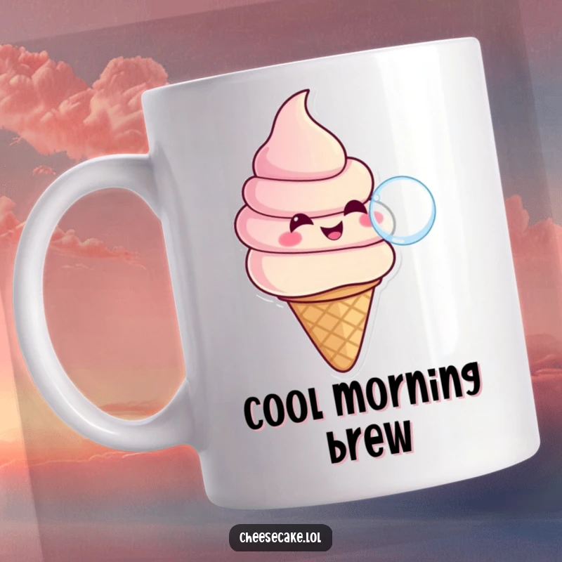 Funny mug showing a smiling swirl of ice cream in a cone blowing a bubble, representing sweet, playful joy and refreshment.