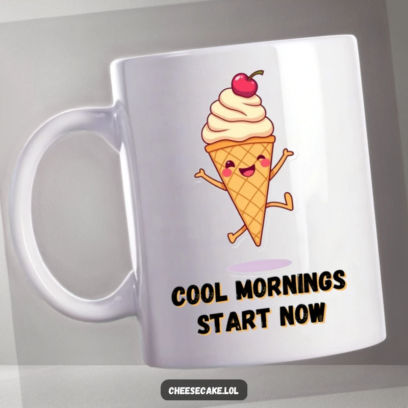 Funny mug showing a smiling ice cream cone with a cherry doing a cartwheel, full of sugary joy.