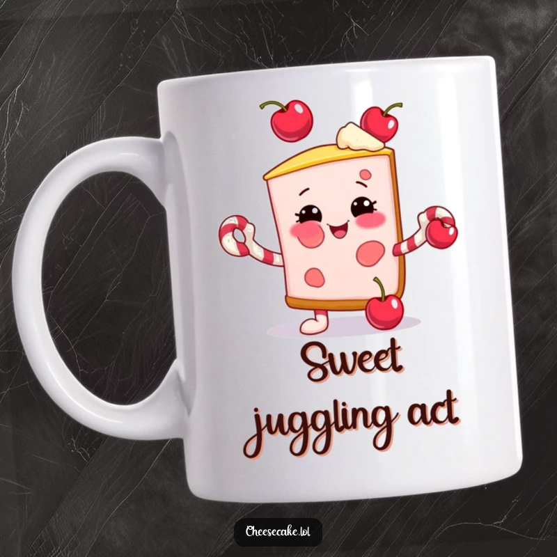 Funny mug with a smiling cheesecake slice juggling cherries using candy cane arms, celebrating festive fun.
