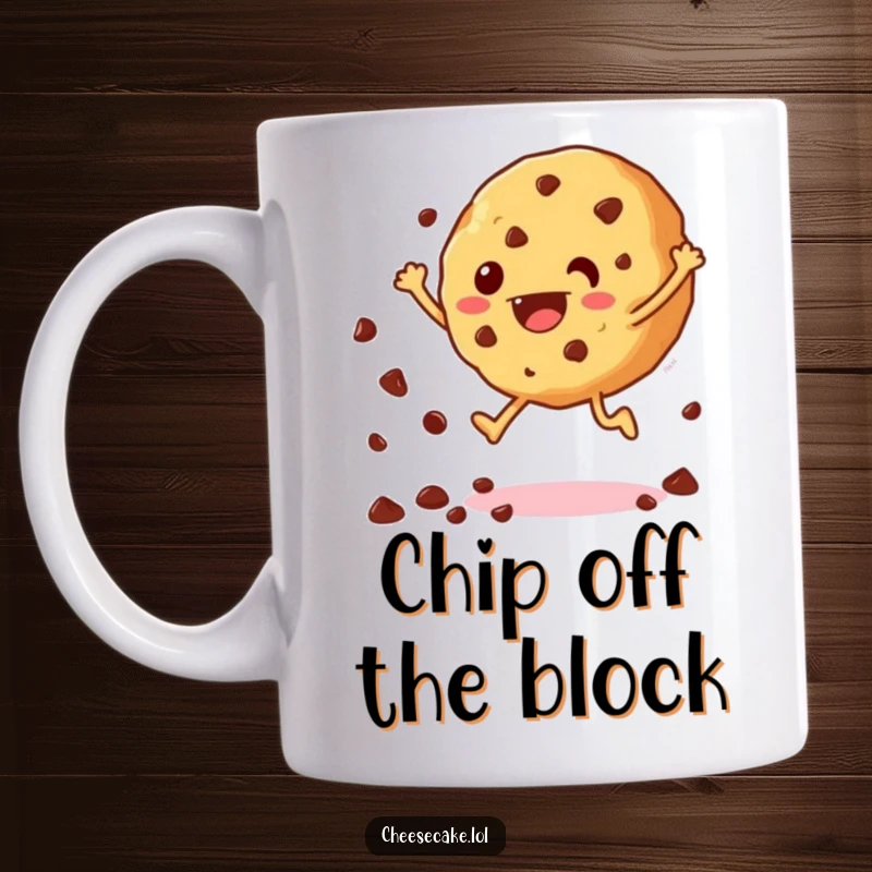 Funny mug depicting a cheerful cookie with chocolate chips scattering as it jumps, embodying pure, sweet, energetic joy.