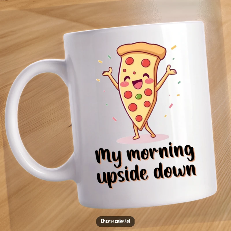 Funny pizza slice doing a handstand with confetti, celebrating with a joyful and energetic pose on this hilarious mug.