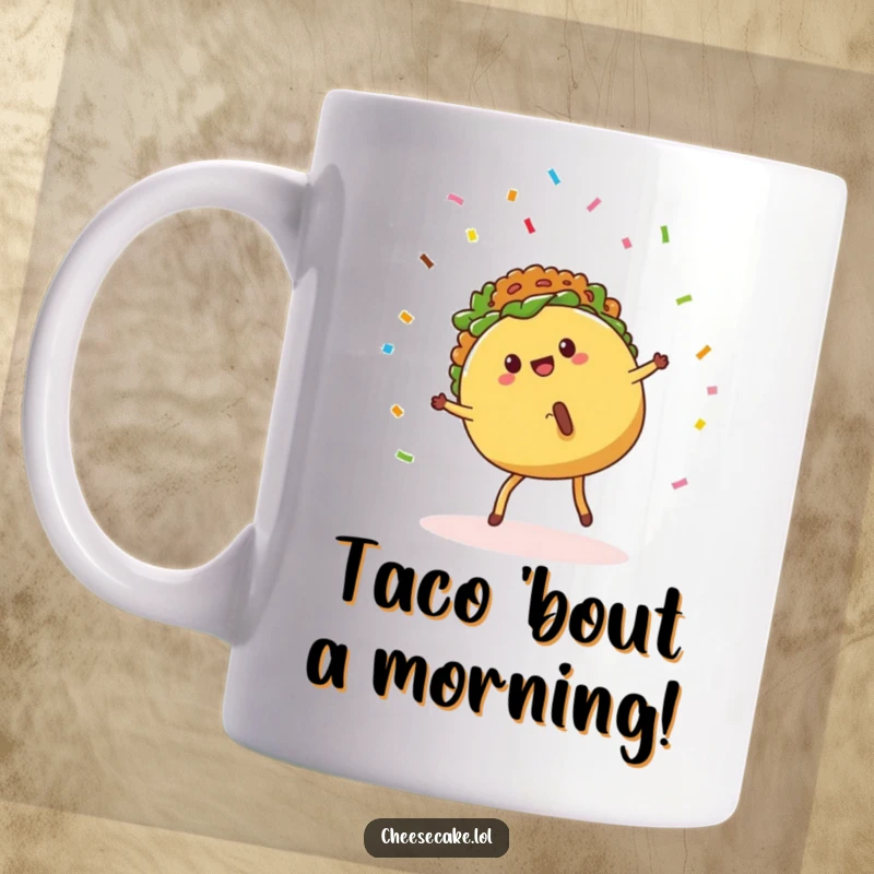 Funny Mug showing a cute taco on legs doing a cartwheel with confetti falling, embodying festive energy and taco love.