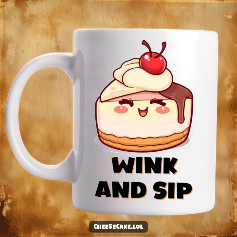 Funny cheesecake with a cherry on top giving a wink on a mug, a delightful funny gift.