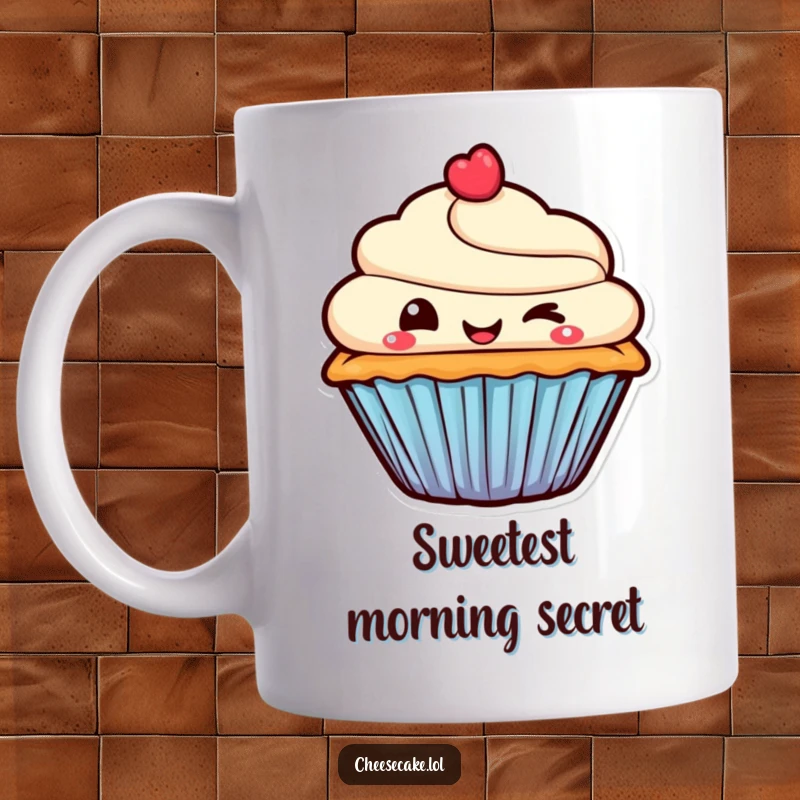 Funny Mug featuring a smiling cupcake character giving a mischievous wink, radiating sweet naughtiness and playful charm.