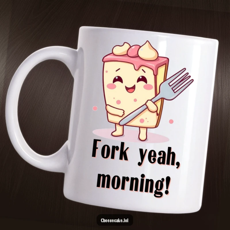Funny cheesecake slice mug illustration, wobbly and giggling uncontrollably while clutching an oversized fork, representing pure dessert joy.