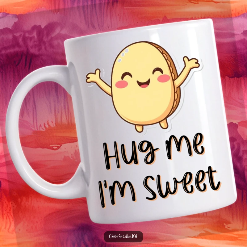 Funny macaron mug featuring a smiling, anthropomorphic macaron with arms wide open, ready for a warm and loving hug.