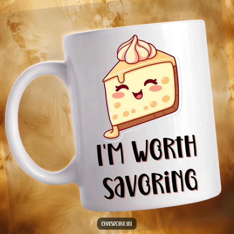 Funny Cheesecake Wink Mug Featuring a delicious slice of cheesecake with frosting dripping and giving a charming wink, perfect for coffee lovers.