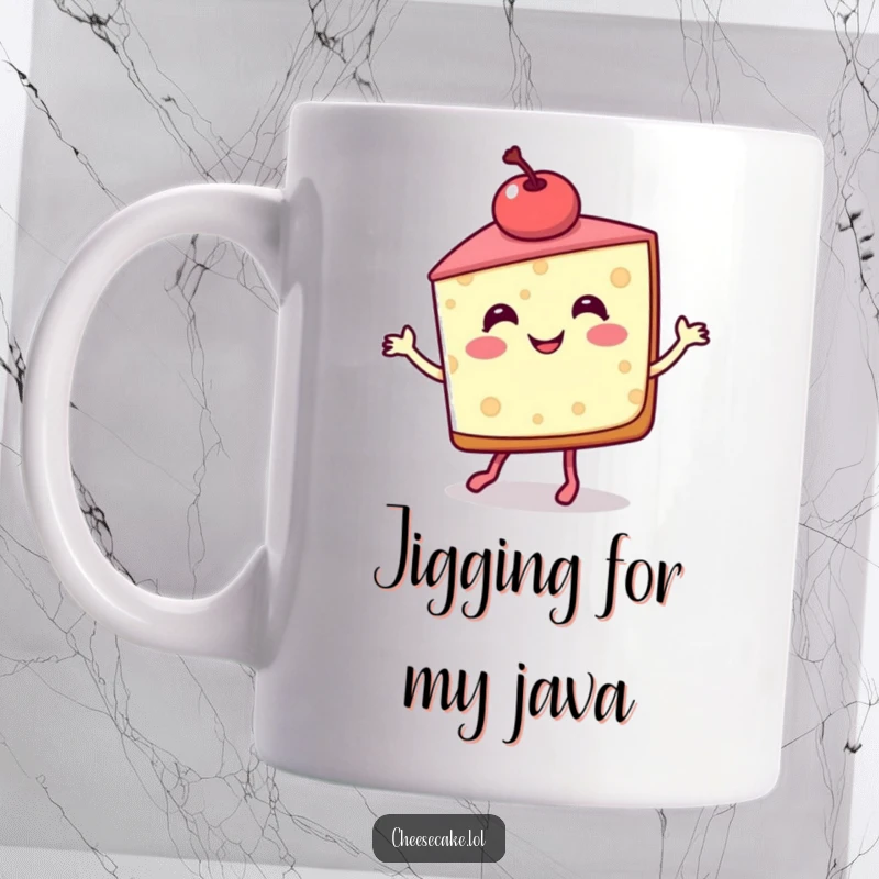 Funny Mug featuring a smiling slice of cheesecake with a cherry, joyfully performing a little jig, embodying pure dessert delight.