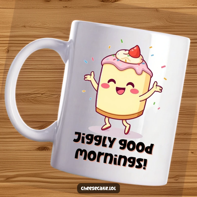 Funny Cheesecake Jig Mug with a happy cheesecake character doing a cheerful jig with colorful sprinkles flying all around, a delightful breakfast companion.