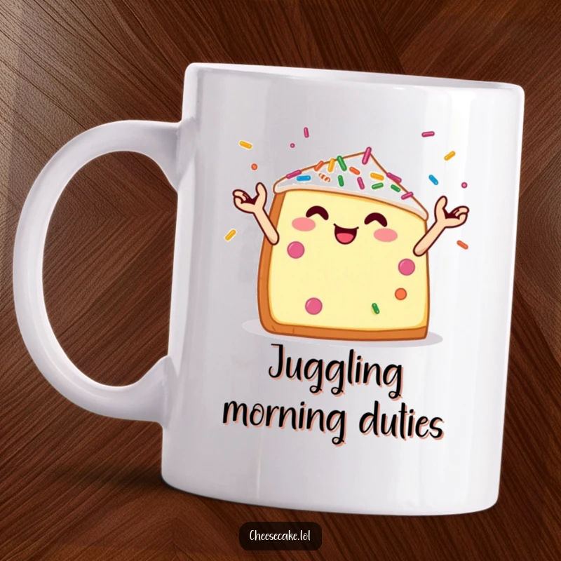 Funny mug featuring a cheerful cheesecake wedge with tiny arms expertly juggling colorful sprinkles, a delightful dessert scene.