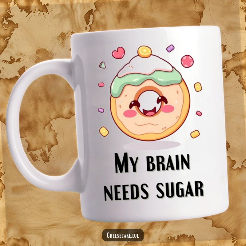 Funny donut mug with colorful frosting juggling tiny candy pieces with a cheerful expression, perfect for gifting.