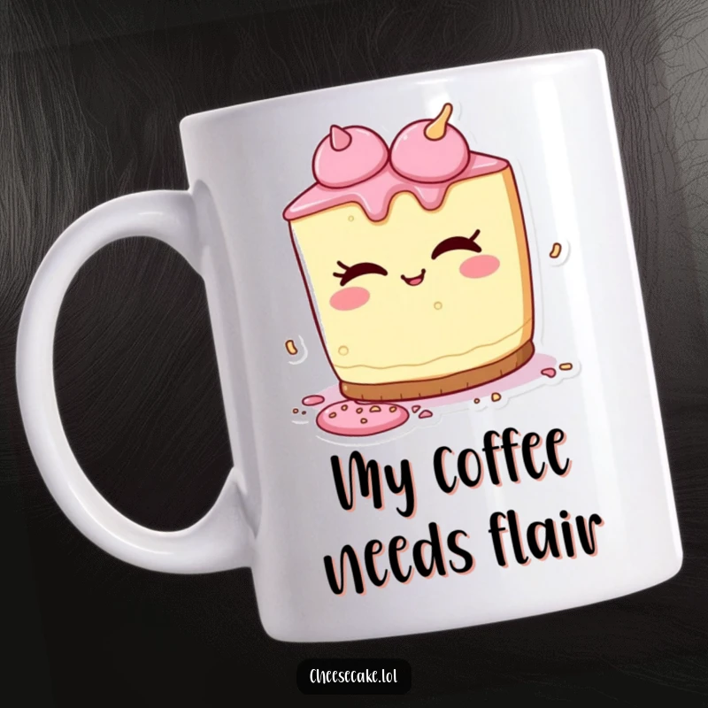 Funny mug showing a cheesecake character playfully winking while spilling a few colorful sprinkles with a mischievous grin.