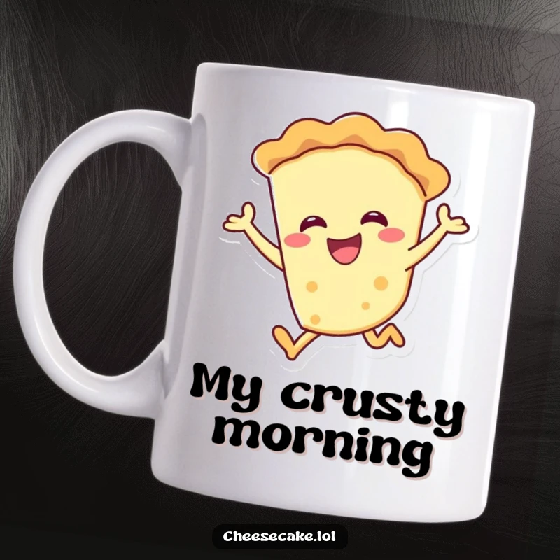Funny smiling pie character joyfully leaping mid-air on a mug, perfect for dessert enthusiasts.