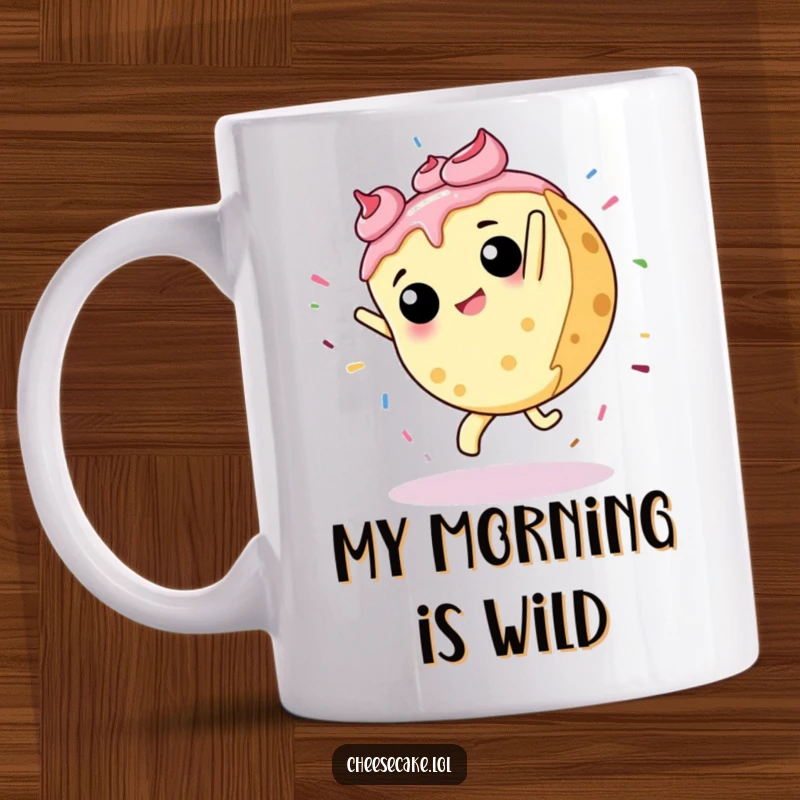 Funny mug depicting a cheesecake doing a cartwheel, showering the area with colorful sprinkles in a dynamic, humorous display.