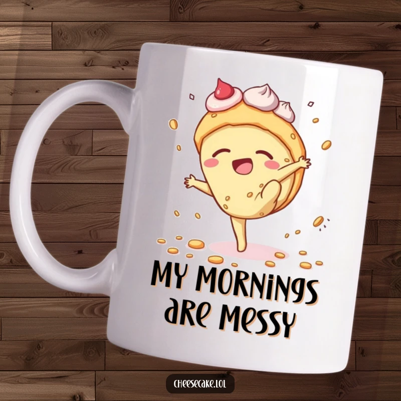Funny cheesecake mug featuring a wobbly cheesecake character doing a messy cartwheel, scattering crumbs everywhere with a determined expression.