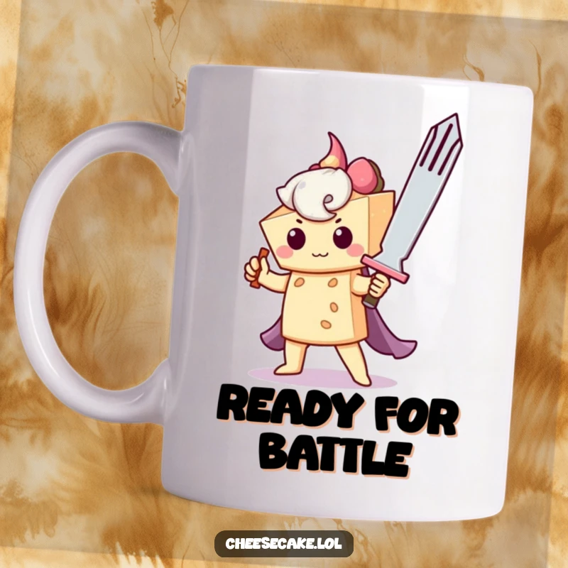Funny mug depicting a brave cheesecake wielding a giant fork like a sword, embodying heroic dessert courage and determination.