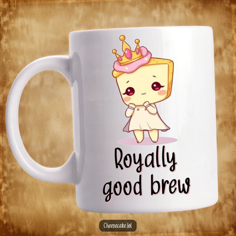 Funny mug showcasing a cheesecake character wearing a small crown, posing elegantly like royalty.