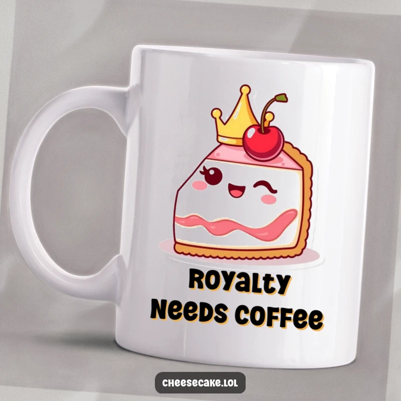 Funny cheesecake slice mug design, cute and crowned, winking cheekily with a cherry, radiating royal charm.