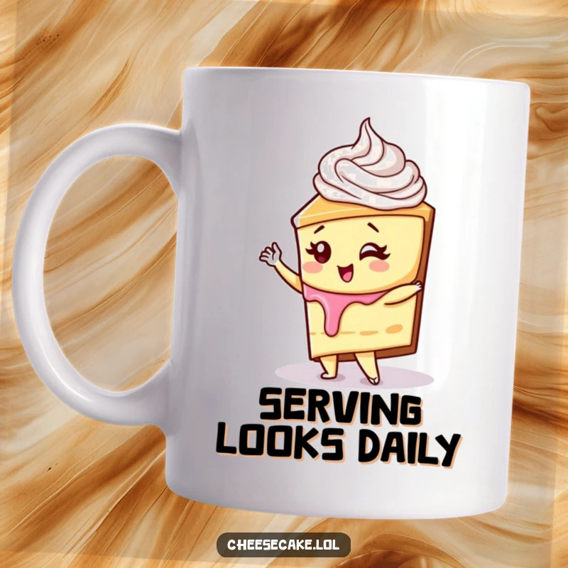 Funny cheesecake with whipped cream swirl striking a diva pose on a mug, a fabulous funny gift.
