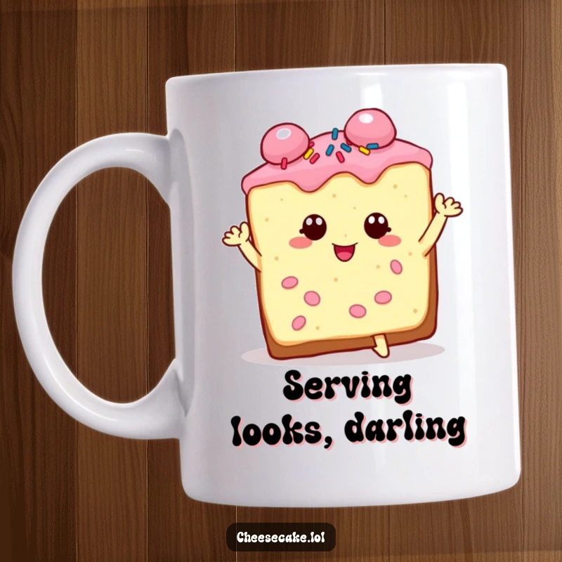 Funny cheesecake slice mug design, charming and sprinkled, striking a bold and dramatic pose with flair.