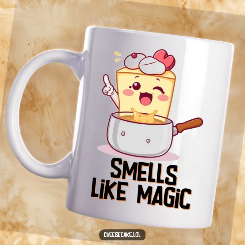 Funny Mug: A cheesecake excitedly points at a bubbling pot, signaling culinary excitement and tasty discoveries.