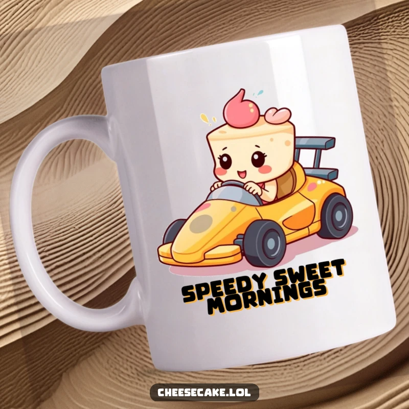 Funny Mug: A cheesecake in a tiny race car speeds forward with intense determination. Hilarious for dessert and racing fans.