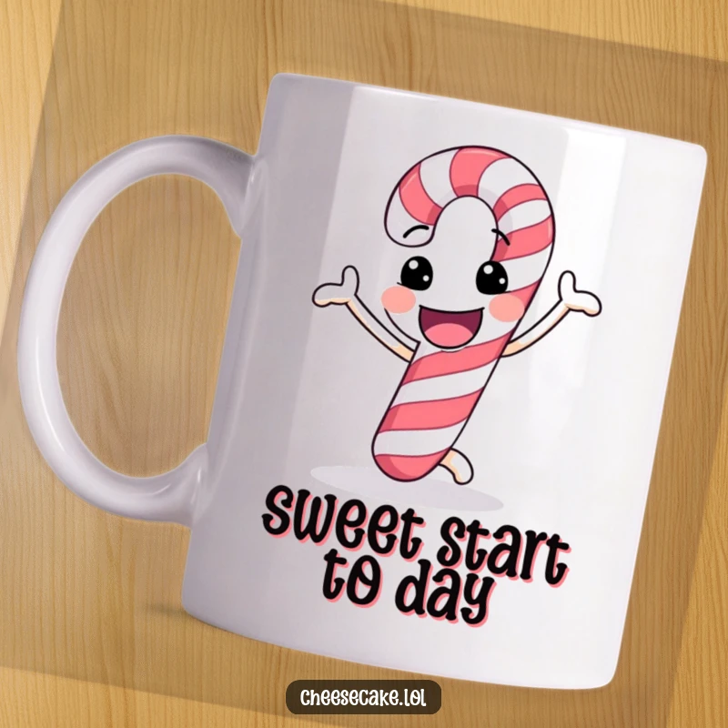 Funny mug showing a candy cane with a cheerful grin doing a funny dance, radiating holiday spirit.