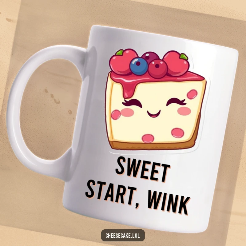 Funny mug showing a smiling slice of cheesecake with fresh berries, winking playfully, perfect for dessert lovers.