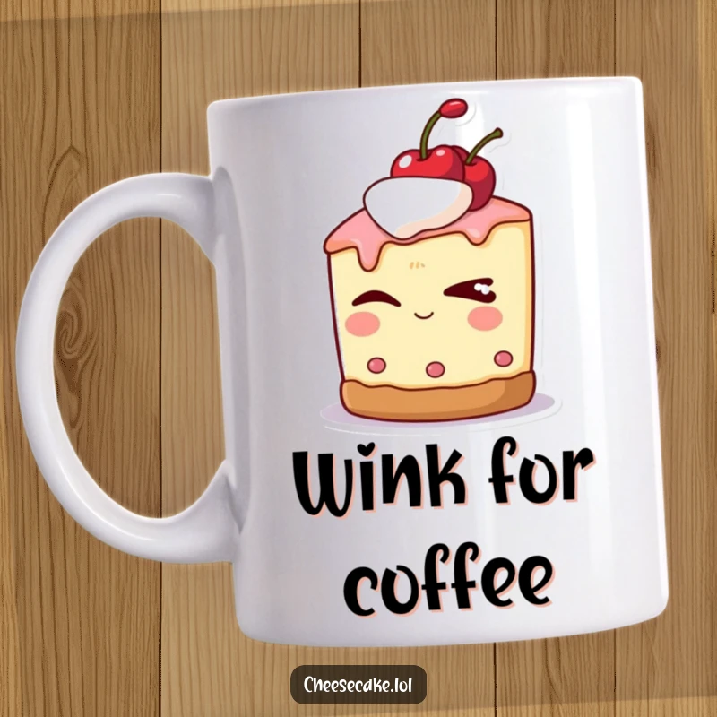 Funny mug showing a cheesecake character with a cherry on top, winking slyly with a mischievous expression.