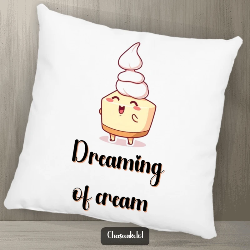 Funny cheesecake pillow depicting an excited cheesecake character receiving whipped cream, offering a cozy and humorous decorative touch.