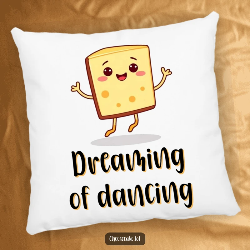 Funny cheesecake slice with tiny legs doing a jig on a plush pillow, a charming funny gift.