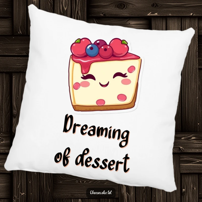 Funny pillow showing a winking slice of cheesecake with berries, providing comfort and a sweet splash of humor.