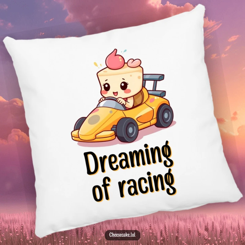Funny Pillow: A cheesecake in a tiny race car speeds forward with determined focus. Soft, cozy, and hilariously motivated.