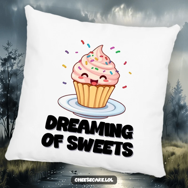 Funny Excited Cupcake Pillow: A soft pillow featuring a cupcake with sprinkles spinning excitedly on a plate.
