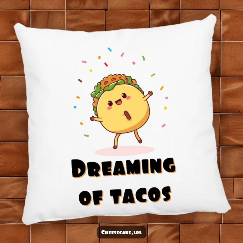 Funny Pillow with a cartwheeling taco and confetti, offering comfort and a delightful, festive taco theme.