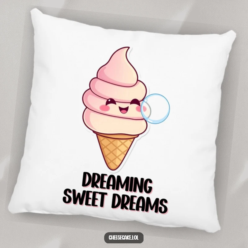 Funny decorative pillow featuring a smiling ice cream swirl in a cone blowing a bubble, providing comfort with a sweet and humorous theme.