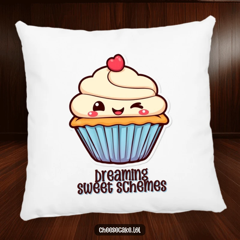 Funny Pillow featuring a smiling cupcake character giving a mischievous wink, designed for comfort and playful charm.