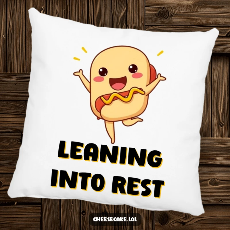 Funny hot dog pillow featuring a proud hot dog striking a ballet pose, mustard adding artistic flair.