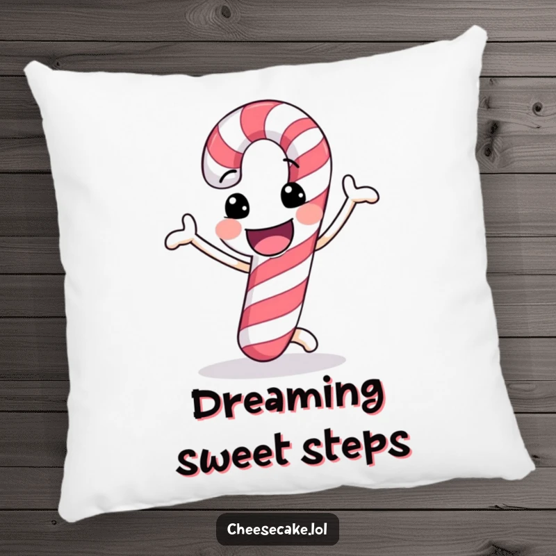 Funny pillow with a cheerful candy cane doing a funny dance, perfect for cozy holiday enjoyment.