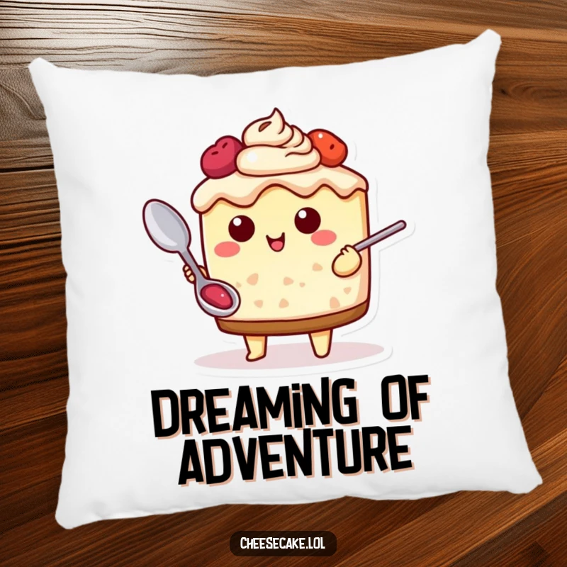 Funny Cheesecake Adventure Pillow featuring a cheesecake character with a spoon, ready for delicious dreams, perfect for comfort and culinary inspiration.