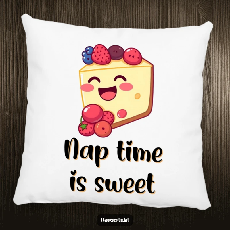 Funny cheesecake pillow with a happy, berry-stuffed cheesecake slice giggling adorably. Cozy room decor.