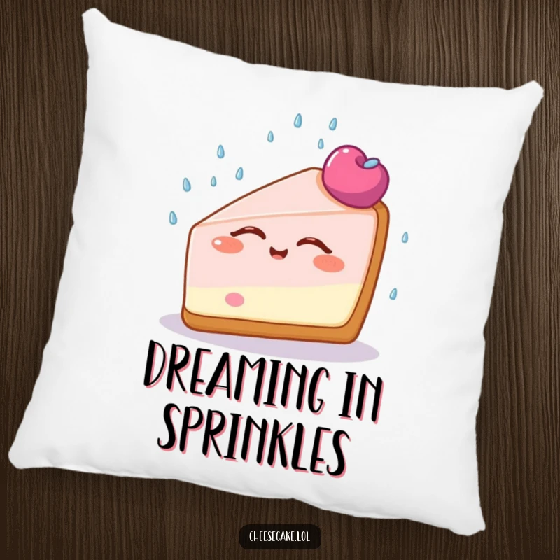 Funny Cheesecake Bliss Pillow featuring a cheesecake slice with eyes closed, enjoying a sprinkle shower, perfect for adding comfort and serene vibes.