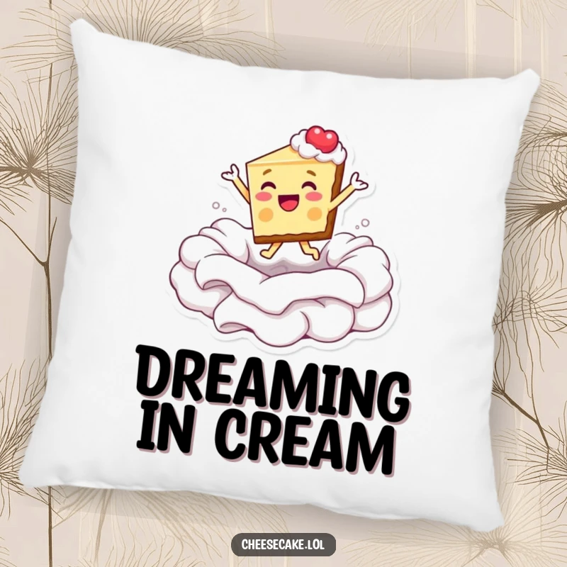 Funny decorative pillow of a cheesecake slice joyfully leaping into a large, inviting pool of whipped cream.