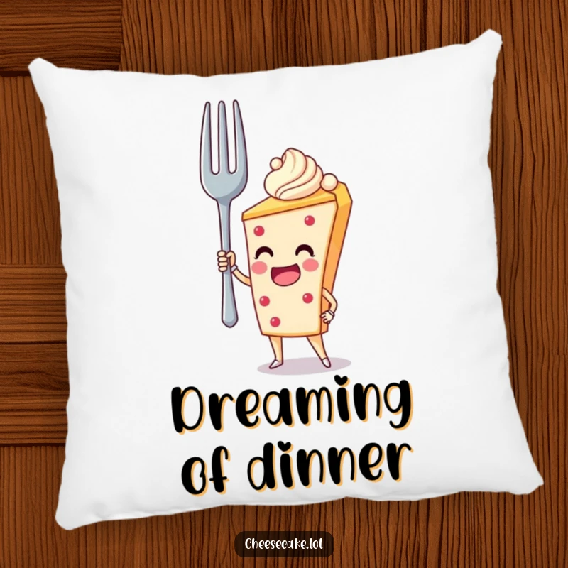Funny Pillow: A cheesecake heroically holds a giant fork, a soft and humorous decorative piece.