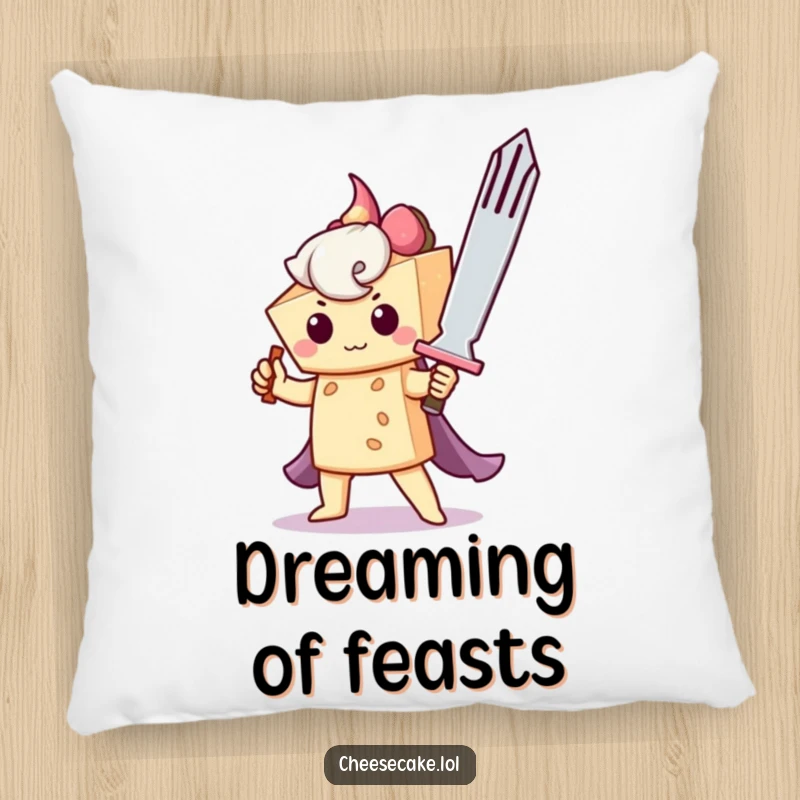 Funny decorative pillow showing a brave cheesecake with a fork sword, ideal for adding a humorous and heroic touch to any room.