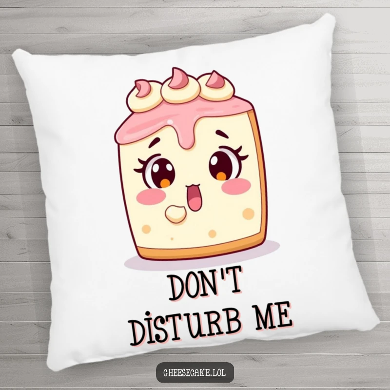 Funny cheesecake pillow with a surprised dessert character missing a piece, perfect for sofas and beds.