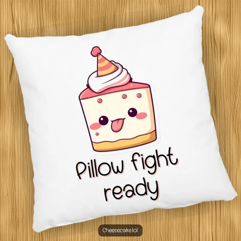 Funny pillow showing a cheesecake character in a party hat, sticking its tongue out playfully, providing comfort and a splash of cheekiness.