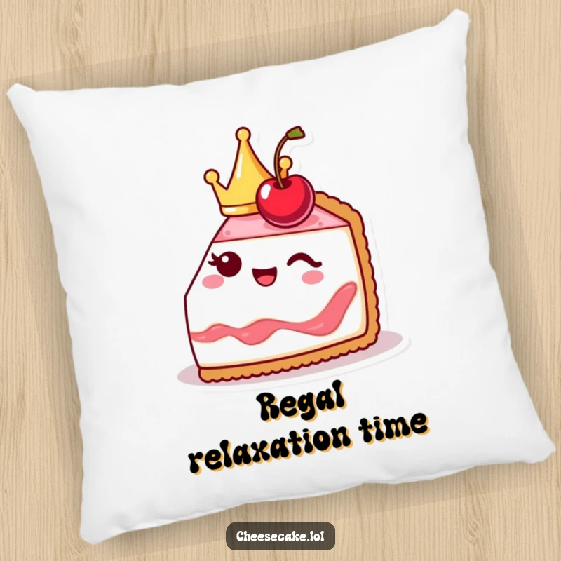 Funny cheesecake slice pillow design, cute and crowned, winking with a cherry, a soft and royal companion.