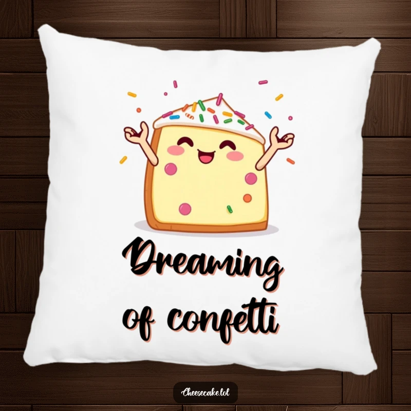 Funny pillow featuring a cheerful cheesecake wedge with tiny arms juggling colorful sprinkles, adding a touch of sweet, playful comfort.